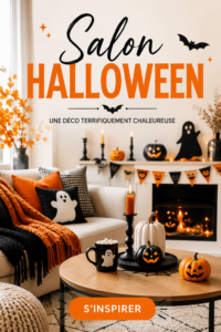 Un salon joliment décoré pour Halloween avec des éléments chaleureux et accueillants.
