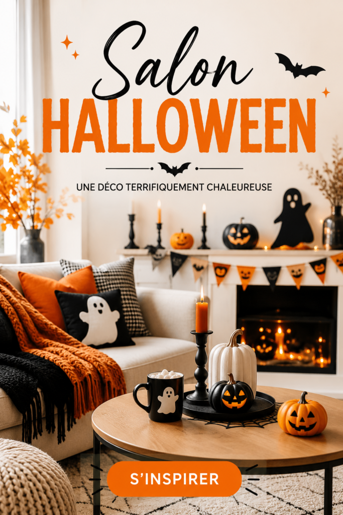 Un salon joliment décoré pour Halloween avec des éléments chaleureux et accueillants.