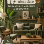 Un salon moderne avec des accents kaki et des meubles élégants.