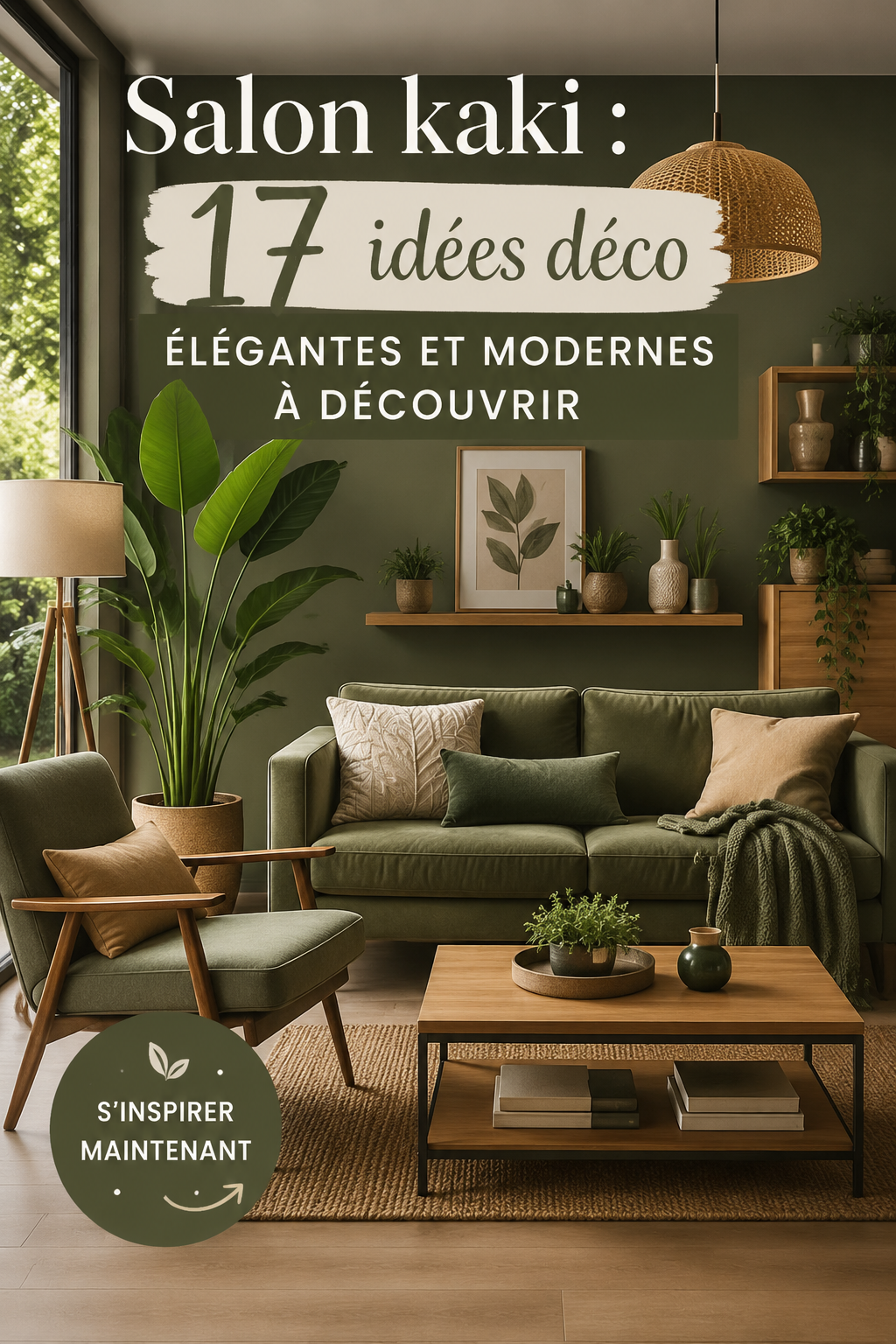Un salon moderne avec des accents kaki et des meubles élégants.