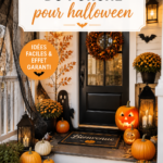 Un porche décoré pour Halloween avec des citrouilles, des lumières et des toiles d'araignées.