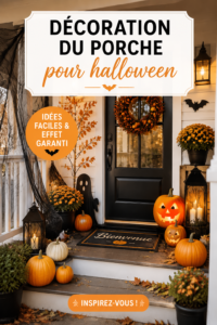 Un porche décoré pour Halloween avec des citrouilles, des lumières et des toiles d'araignées.