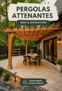 Design élégant d'une pergola attachée en bois dans un jardin fleuri.