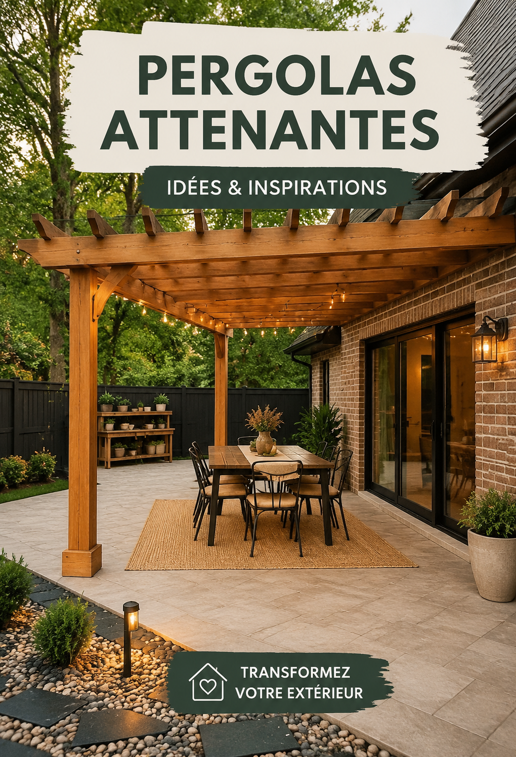 Design élégant d'une pergola attachée en bois dans un jardin fleuri.