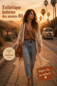 Un mannequin portant un look bohème inspiré des années 80 avec des couleurs vives et des motifs floraux.