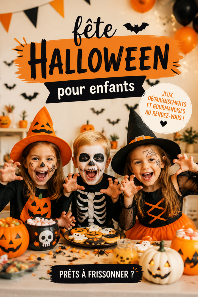 Enfants costumés célébrant Halloween autour de décorations festives