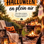 Fête d'Halloween en plein air avec décorations lumineuses et citrouilles.
