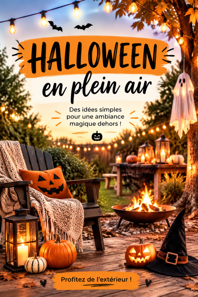 Fête d'Halloween en plein air avec décorations lumineuses et citrouilles.