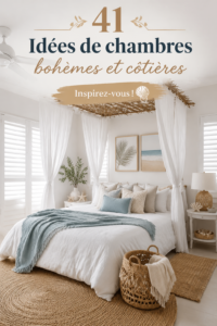 Chambre Boho Coastal avec des couleurs apaisantes et des matériaux naturels.