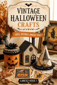 Décorations d'Halloween vintage sur une table avec des lanternes et des poupées en tissu