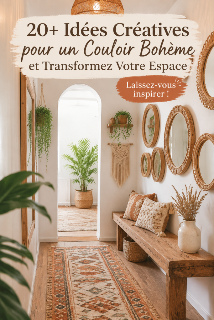 Un couloir décoré dans un style bohème avec des tapis, des coussins et des plantes