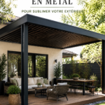 Patio couvert élégant avec table et chaises en bois dans un jardin