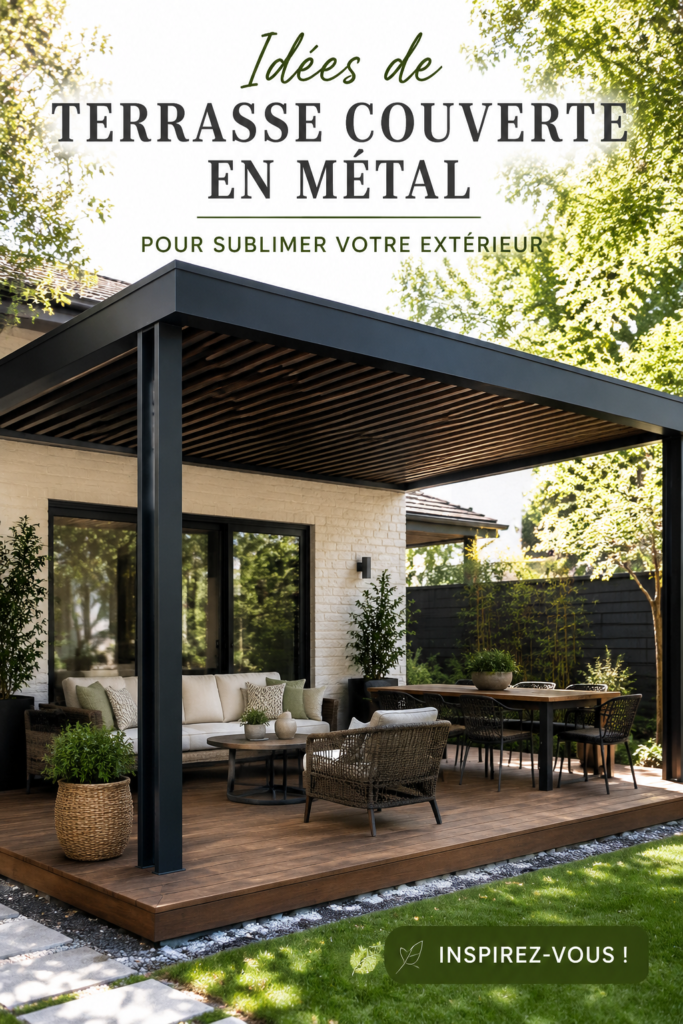 Patio couvert élégant avec table et chaises en bois dans un jardin