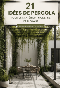 Une pergola moderne en bois sur un patio avec des plantes vertes.