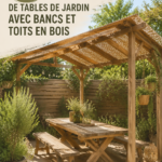 Une table de jardin en bois avec des bancs accueillants dans un jardin bien entretenu.