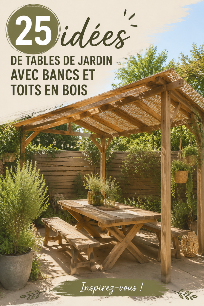 Une table de jardin en bois avec des bancs accueillants dans un jardin bien entretenu.