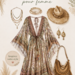 Femme portant une tenue boho stylisée avec des accessoires tendance.