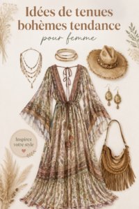 Femme portant une tenue boho stylisée avec des accessoires tendance.