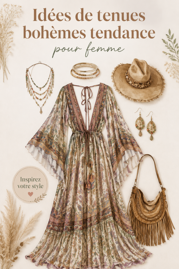 Femme portant une tenue boho stylisée avec des accessoires tendance.