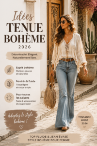 Femme portant un top fluide et des jeans évasés dans un style boho en plein air