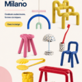 Un intérieur coloré et stylisé inspiré par le design Memphis Milano, mélange de formes géométriques et couleurs vives.