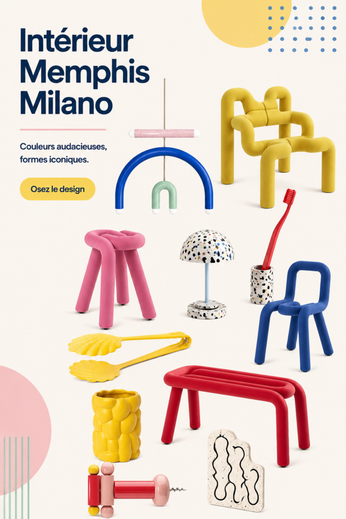 Un intérieur coloré et stylisé inspiré par le design Memphis Milano, mélange de formes géométriques et couleurs vives.
