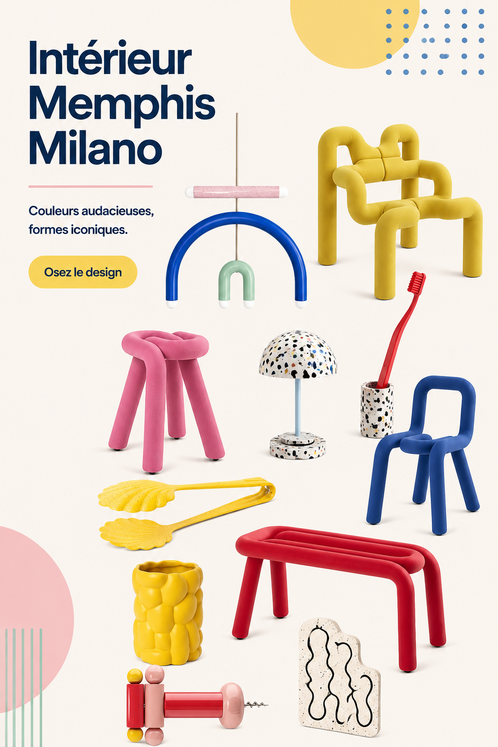 Un intérieur coloré et stylisé inspiré par le design Memphis Milano, mélange de formes géométriques et couleurs vives.