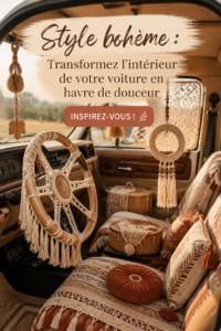 Intérieur de voiture décoré dans un style boho chic avec des coussins et des plantes.