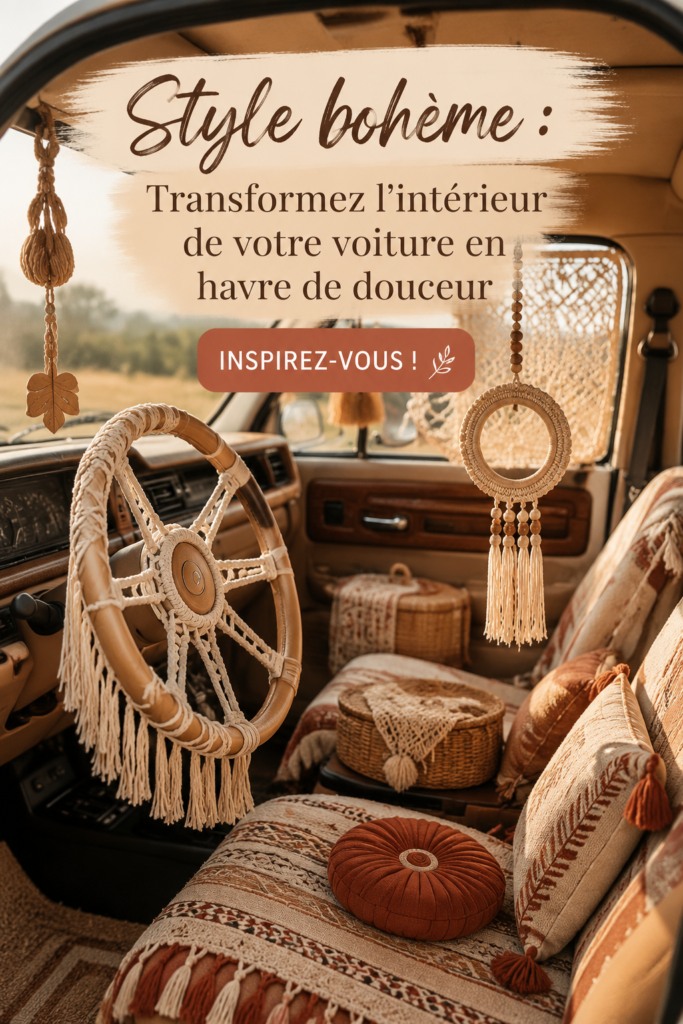 Intérieur de voiture décoré dans un style boho chic avec des coussins et des plantes.