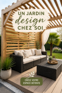 Un jardin design moderne avec des plantes colorées et des meubles en bois