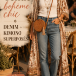 Femme portant un kimono en denim avec un look boho chic