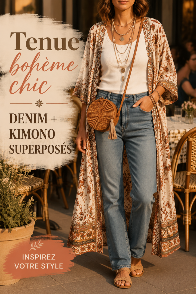 Femme portant un kimono en denim avec un look boho chic
