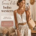 Modèle portant un ensemble boho western estival avec un pantalon fluide et un top en dentelle.