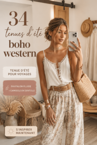 Modèle portant un ensemble boho western estival avec un pantalon fluide et un top en dentelle.