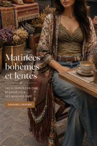 Un café servi dans une tasse artisanale avec un sac en cuir fringé en arrière-plan, ambiance boho relaxante.