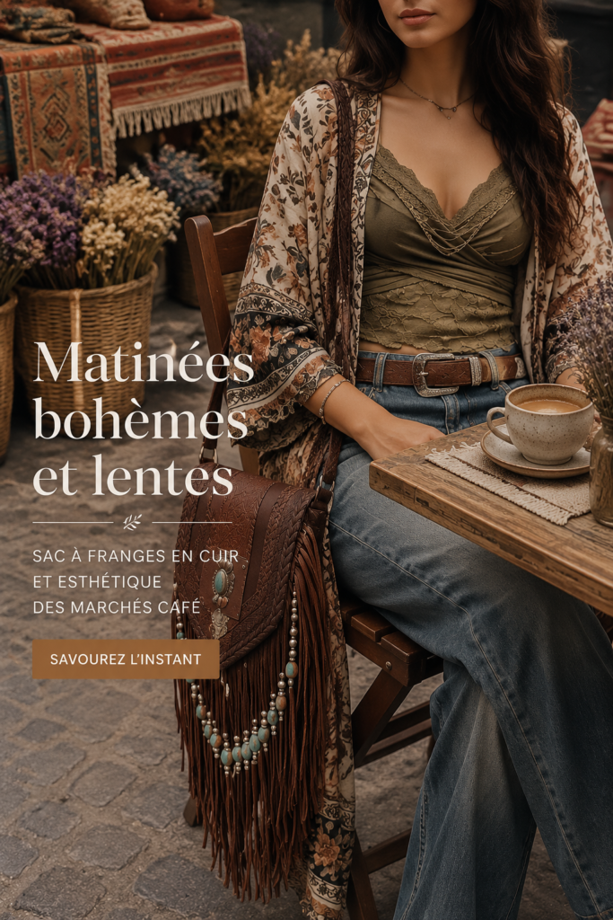 Un café servi dans une tasse artisanale avec un sac en cuir fringé en arrière-plan, ambiance boho relaxante.
