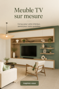 Un meuble TV sur mesure en bois avec une décoration chaleureuse dans un salon élégant.