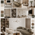 Mood board inspirant pour un salon contemporain avec des couleurs et textures variées.