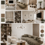 Mood board inspirant pour un salon contemporain avec des couleurs et textures variées.