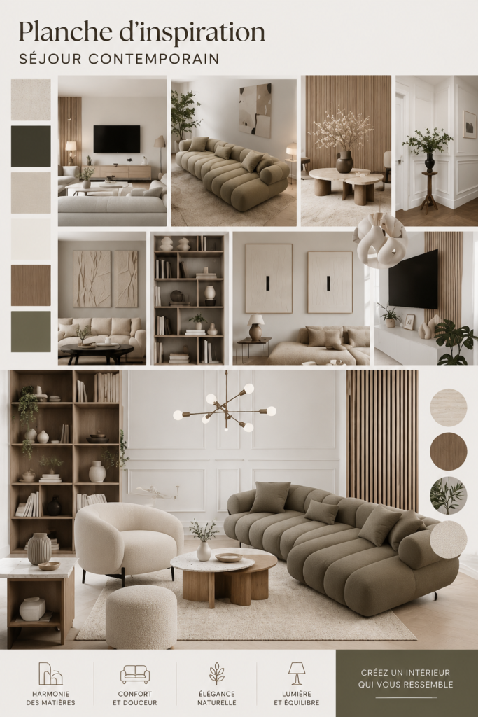 Mood board inspirant pour un salon contemporain avec des couleurs et textures variées.