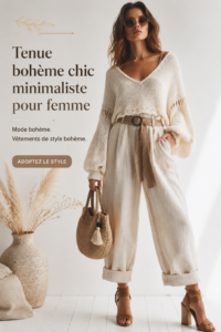 Femme portant un outfit boho chic minimaliste dans un lieu naturel.