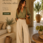 Femme portant un pantalon en lin crème et une chemise olive, assise dans un café, style décontracté chic.