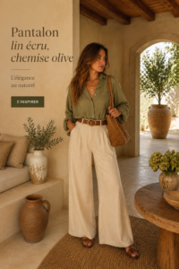 Femme portant un pantalon en lin crème et une chemise olive, assise dans un café, style décontracté chic.