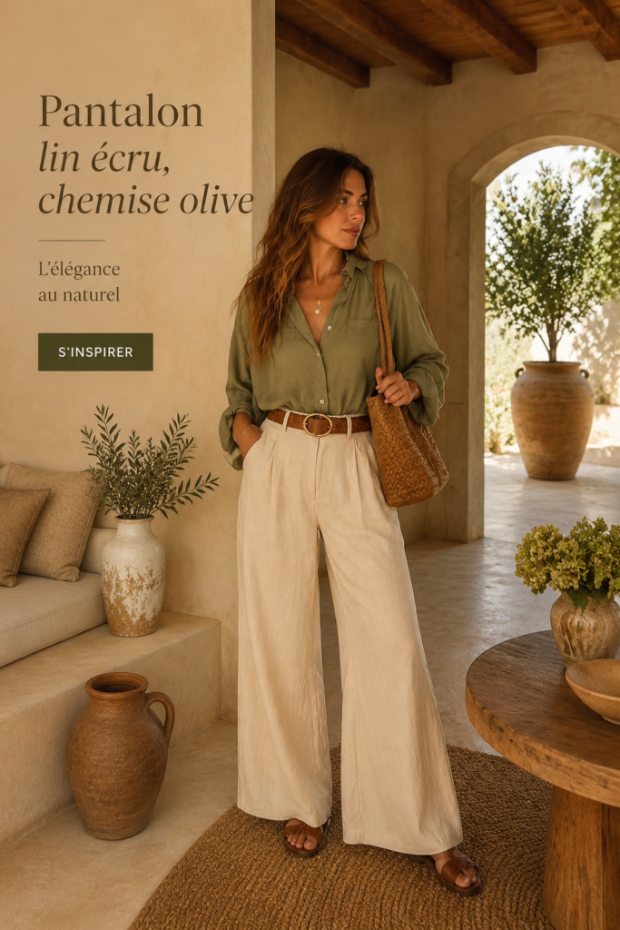 Femme portant un pantalon en lin crème et une chemise olive, assise dans un café, style décontracté chic.