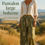 Une femme portant des pantalons larges boho au printemps, avec un haut léger et des sandales.