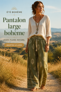 Une femme portant des pantalons larges boho au printemps, avec un haut léger et des sandales.