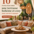 Patio boho chaleureux avec coussins colorés et plantes vertes