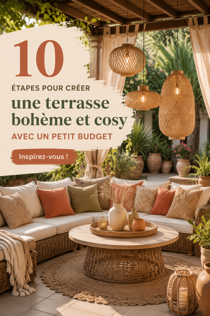 Patio boho chaleureux avec coussins colorés et plantes vertes