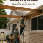 Une pergola en bois attenante à une maison, entourée de verdure et de fleurs.