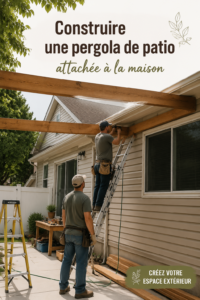 Une pergola en bois attenante à une maison, entourée de verdure et de fleurs.